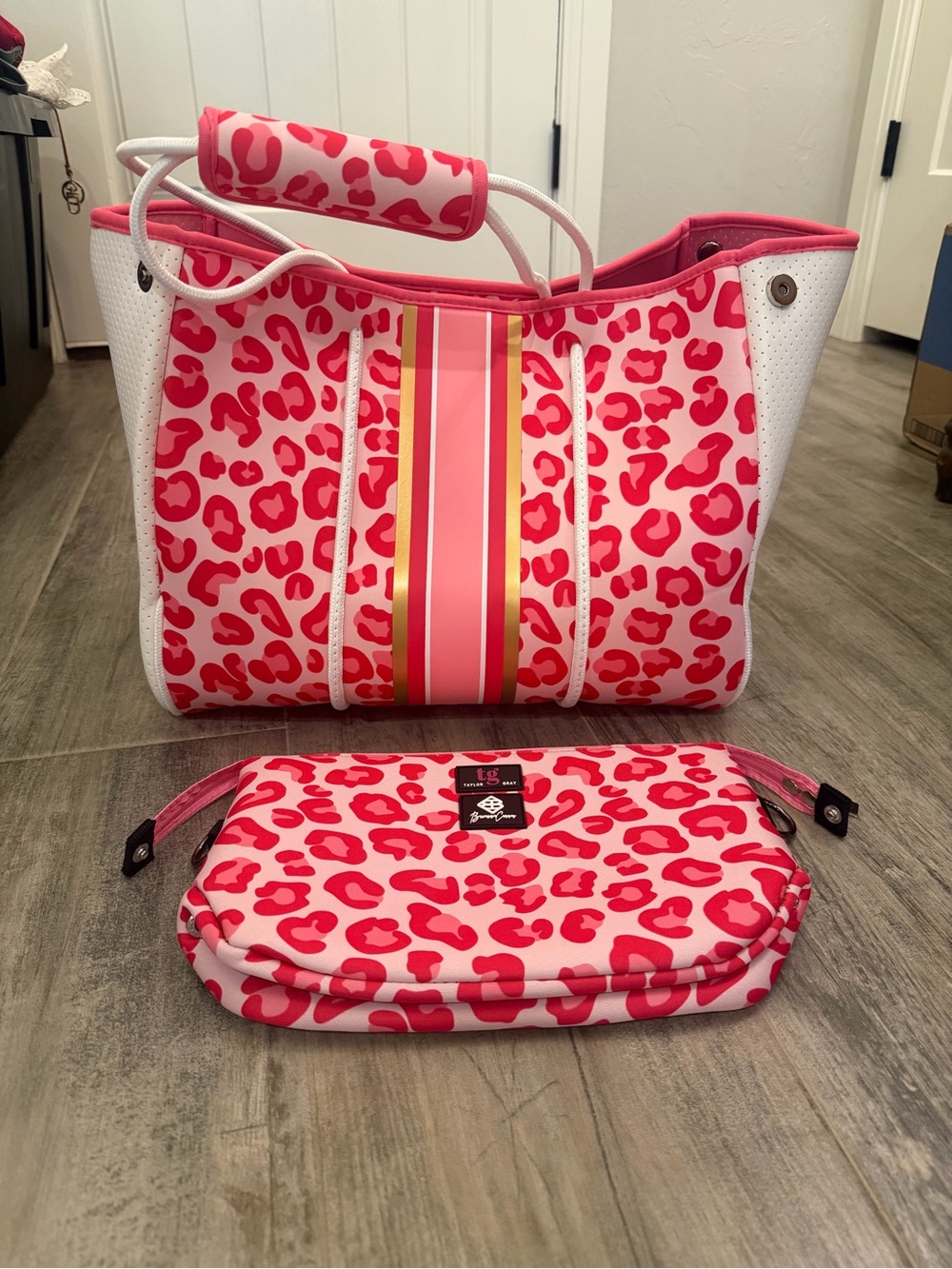 Pink Leopard-Print Neoprene Tote with Matching Pouch